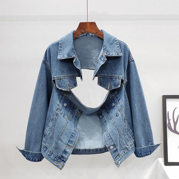 

women's jackets autumn fashion holes design denim jacket women long sleeve outwear chaqueta mujer loose short blue jeans coat female, Black;brown