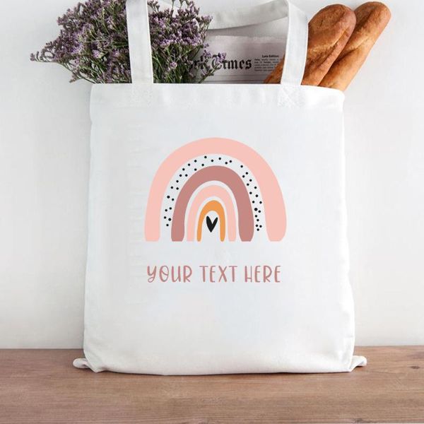

storage bags cute couple lovers women canvas bag you text here cartoon print shoulder rainbow totes birthday gift handbag