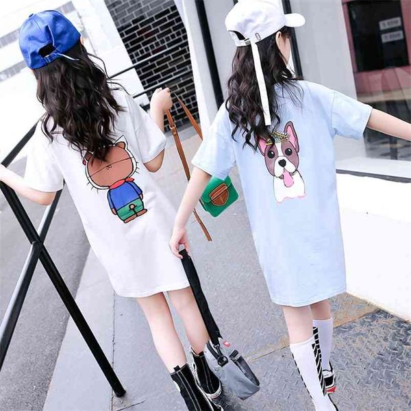 

girl t shirt summer cartoon dog print tee for teenagers children long t-shirt loose kids clothes s 8 to 12 210622, Blue