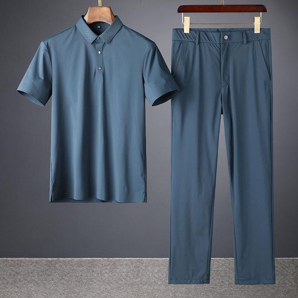 

men's tracksuits 2021 summer high end silky ice quick dry lapel two piece ultra thin short sleeve casual sports suit, Gray