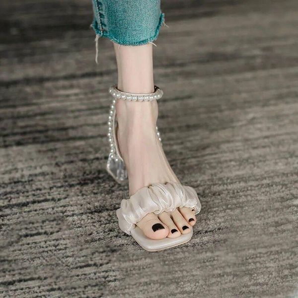 

sandals pamanni women's summer fashion transparent heel female chunky heels buckle pearl silk design plus size woman shoes, Black