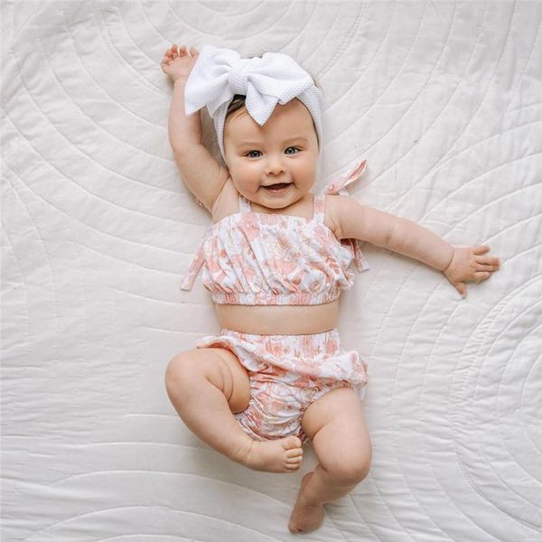 

clothing sets toddler flower printing two-pieces set baby girl sleeveless sling high waist short pants infant children's, White
