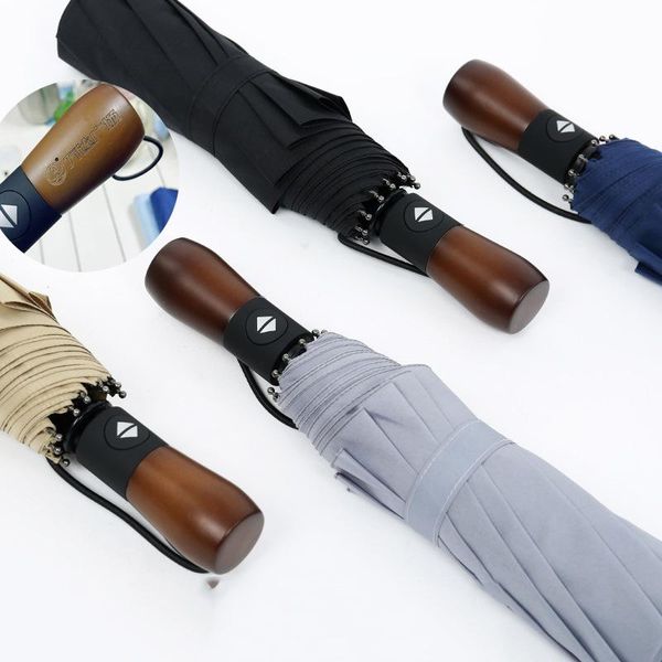 

umbrellas automatic umbrella fold male business solid wood handle retro three-folding mens gifts