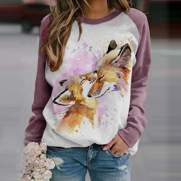 

40-# women's dame mode beautiful animal printed long mouw o-neck t-shirts tunisia foot pain overside female, White