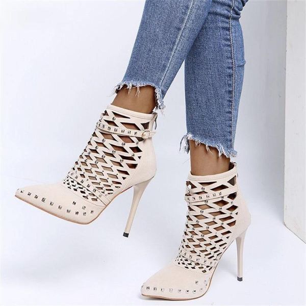 

dress shoes women sandals 2021 fashion thin heel pointed toe rivet ladies hollow out comfy wedding office flock female pumps, Black