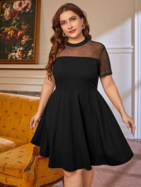 

plus rhinestone mesh shoulder dress 16vx#, Black