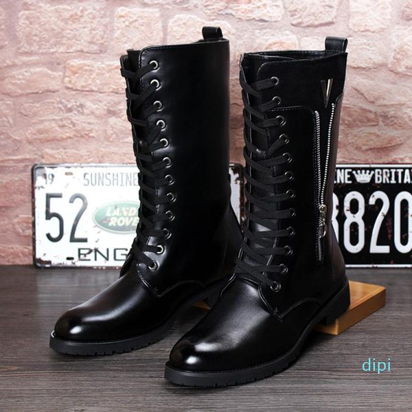 

wholesale-boots british fashion motorcycle for men genuine leather shoes cowboy high boot lace-up long botas masculinas zapatos de hombre, Black