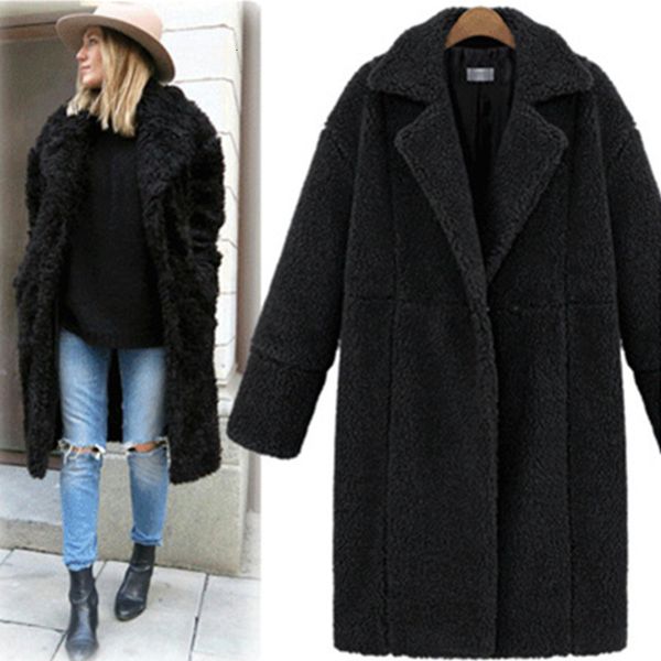 

2021 winter woman thick new wool blend coat women long sleeve turn-down collar hairy outwear casual autumn elegant overcoat 15xf, Black