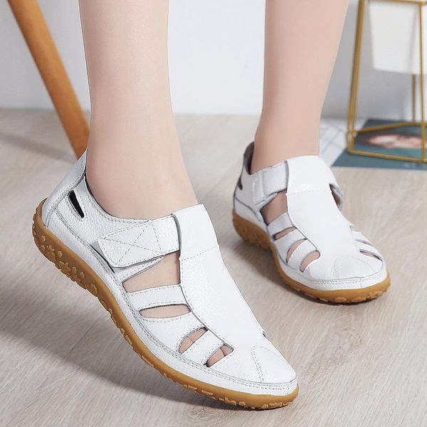 

genuine leather shoes women sandals 2021 flat soft cow leather women summer holiday shoes fashion woman casual white a1306, Black