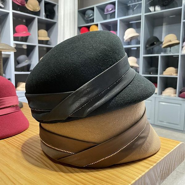 

stingy brim hats vintage women temperament equestrian hat fall winter pure wool cap lady casual small octagonal black khaki, Blue;gray