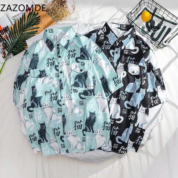 

new cat printing shirt men 2021 men fashion cat short sleeve shirt male hawaiian shirts casual loose clothes, White;black