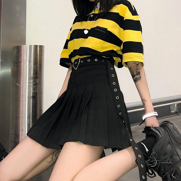 

skirts summer harajuku solid color high waist skirt female student short pleated with belt, Black