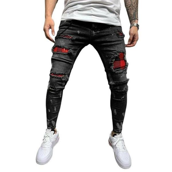 

men's jeans men slim fit full denim distressed stretchy long pants skinny patchwork fashion zipper scratched male pockets trousers, Blue