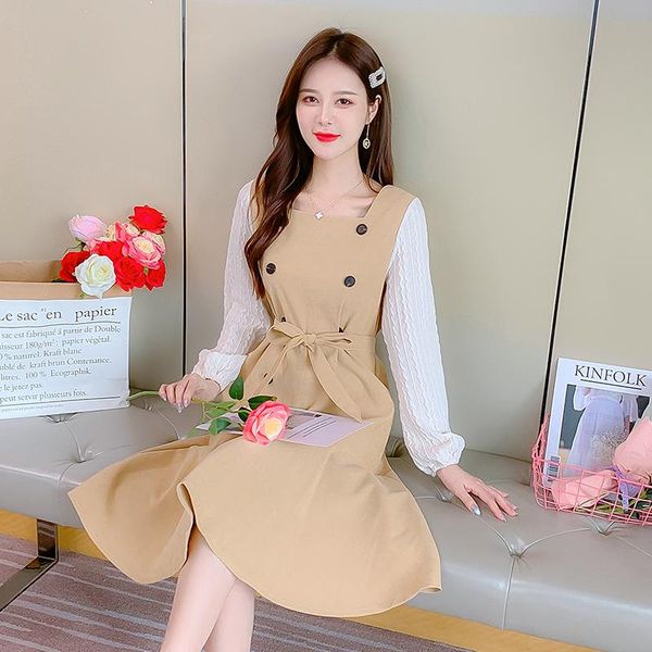 

casual dresses coigarsam vintage full sleeve women long dress high waist khaki red 6811, Black;gray