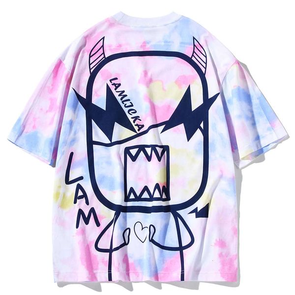 

2021 devil print short sleeve gradient tie dyed cotton t-shirt men and women loose summer half sleeve fashion, White;black