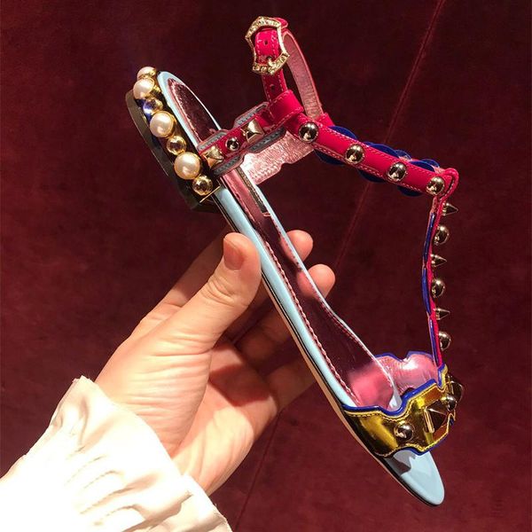 

mixed-colored rivets sandals women shoes open toe flats shoes woman summer casual beach women slippers zapatos de mujer, Black