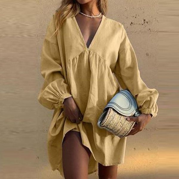 

casual dresses women solid simple loose vestidos v-neck long lantern sleeve mini fashion chic 2021 autumn female dress, Black;gray