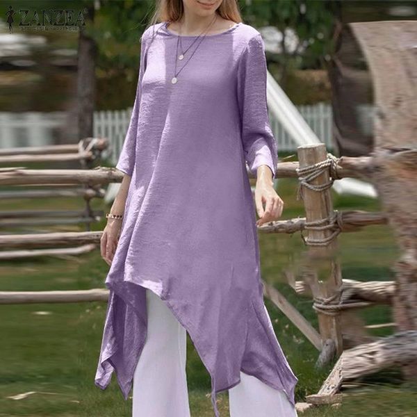 

women's blouses & shirts women asymmetrical blouse autumn o neck 3/4 sleeve solid long shirt zanzea fashion casual blusas loose tunic, White