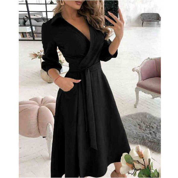 

2021 solid color women shirt dress elegant fashion long lady dresses autumn casual oversized cardigan girl vestidos v neck tunic g1223, Black;gray
