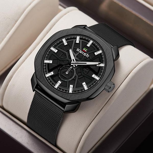 

wristwatches swish geneva design quartz watches men black stainless steel business wristwatch waterproof sports military clock relogio 2021, Slivery;brown