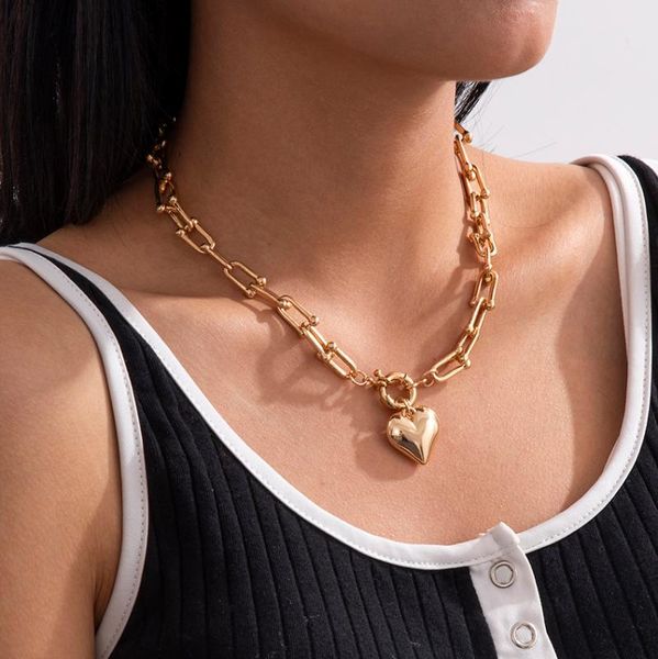 

chains goth vintage gold color u shaped chunky chain choker necklace statement lover heart pendant necklaces for women jewelry collier, Silver