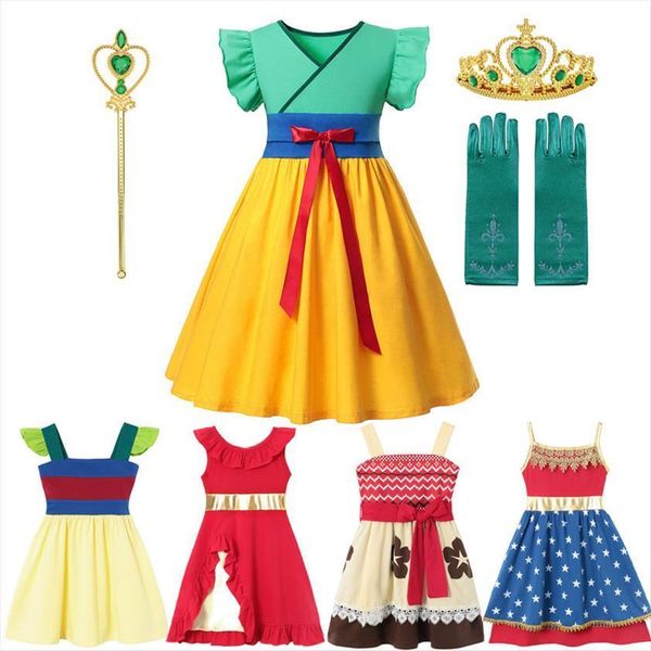 

huamulan princess costume girls girl dresses summer sleeveless elena moana fancy casual clothing children halloween birthday outfit, Red;yellow