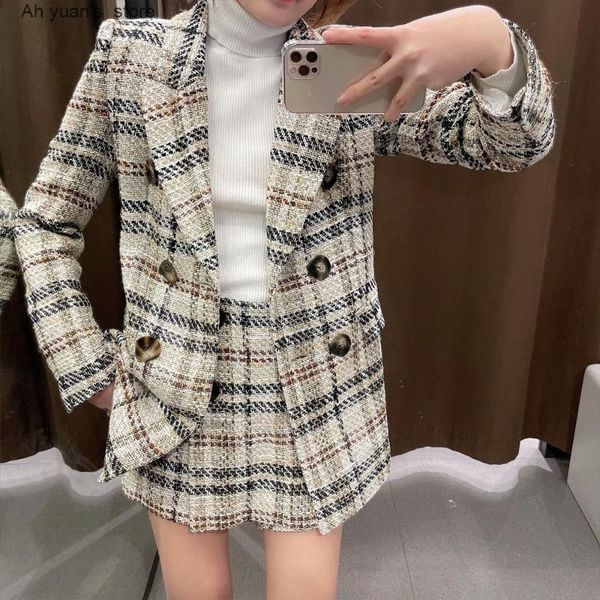 

two piece dress ah yuan women 2021 fashion double breasted tweed check blazer coat vintage long sleeve female outerwear+casual shorts skirts, White