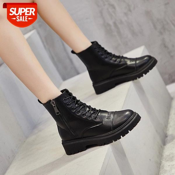 

chic women pu leather lace up boots muffin zipper botas winter plush riding boots women shoes british short botines mujer 2020 #hc6x, Black