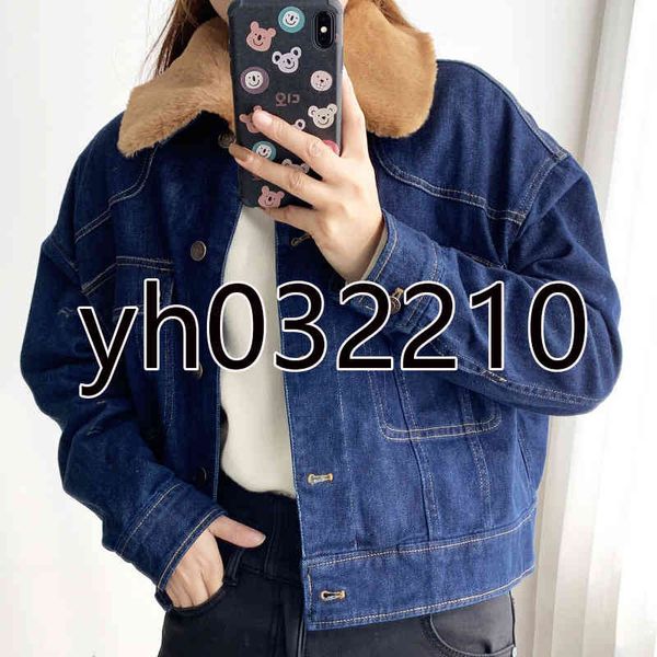 

detachable wool collar buckle multi pocket women's denim et yh032210, Black;brown