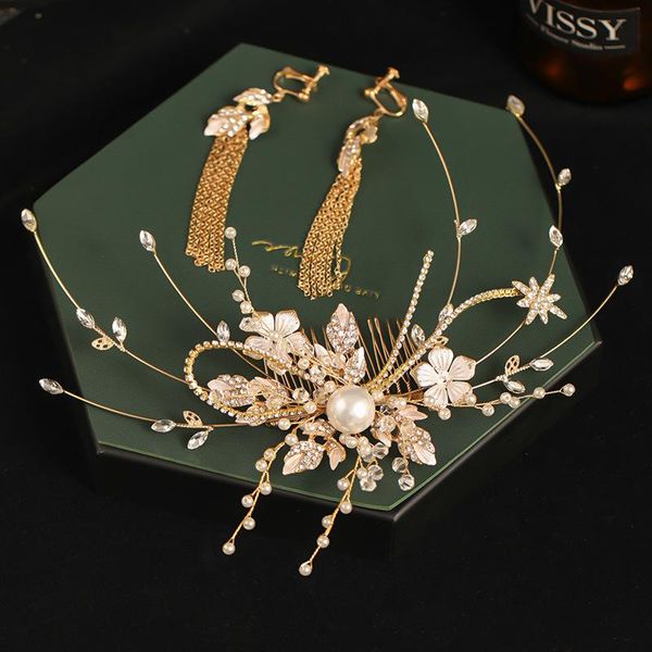 

hair clips & barrettes hand-woven golden leaf crystal luxury fashion exquisite comb set bridal accessories for women wedding jewelry hairban, Golden;silver