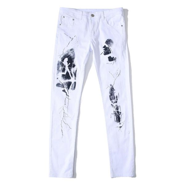

fashion men's ink printed trendy jeans slim stretch casual denim pants high street youth male all season straight long trousers, Blue