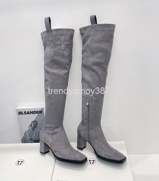 

boots winter style square head elastic cloth women's knee thin boots thick heel side zipper high, Black