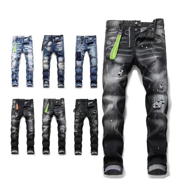 

mens jeans jean pants men pant hip hop pants street trend zipper chain decoration ripped stretch fashion slim fit washed motocycle denim pan, Blue