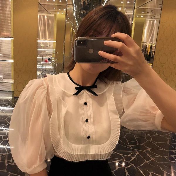 

women's blouses & shirts 2021 early autumn ogan yarn press frilled lace shirt female white elegant wood ear-edge bubble sleeve women