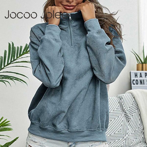 

jocoo jolee vintage corduroy hoodies stand collar zipper sweatshirts streetwear loose pullovers women autumn oversized 210619, Black