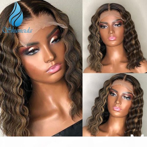 

highlight curly color lace front wigs with baby hair middle ratio brazilian remy hair bleached knots pre plucked for women, Black;brown