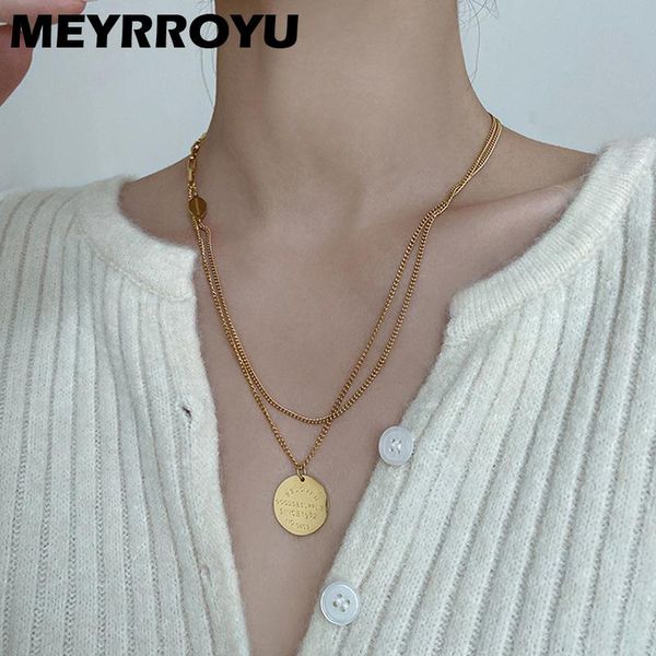 

pendant necklaces meyrroyu stainless steel punk 2 layer round tag necklace for women chain 2021 trend party gift fashion jewelry, Silver