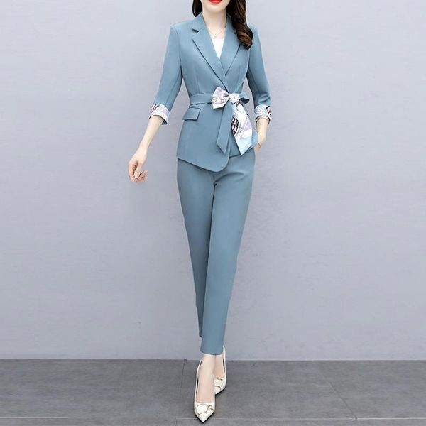 

women's two piece pants office ladies blazer suit spring summer slim women pant korean lace up jacket & high waist casual female 2 piec, White
