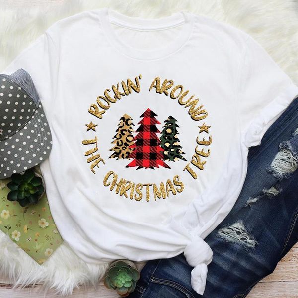 

women leopard plaid tree short sleeve 90s holiday merry christmas print lady female graphic tees clothes t shirt t-shirt, White