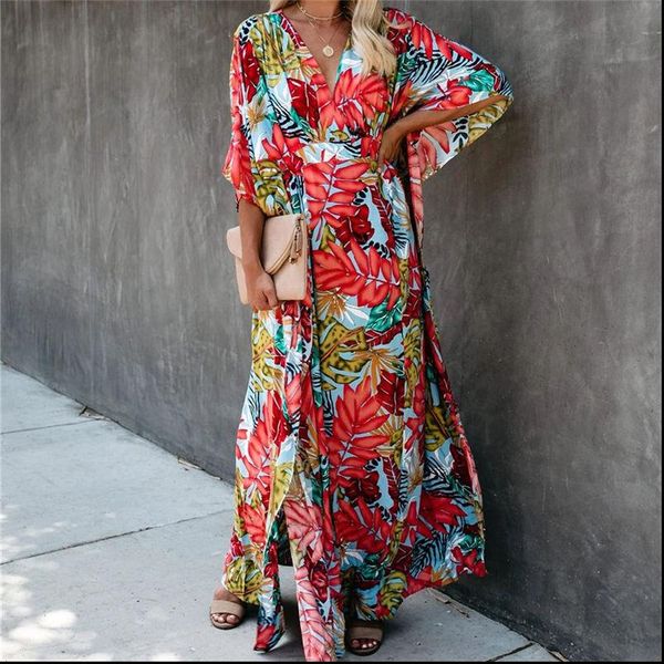

2021 red bohemian floral printed half bats sleeve summer beach wrap dress cotton tunic women beachwear long dress n944, Black;gray