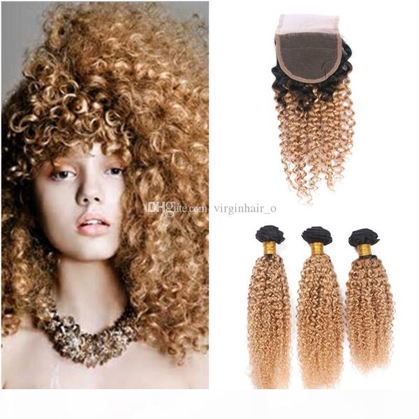 

ombre virgin hair afro kinky curly 3 bundles with lace closure two tone 1b 27 honey blonde ombre closure with human hair weaves, Black