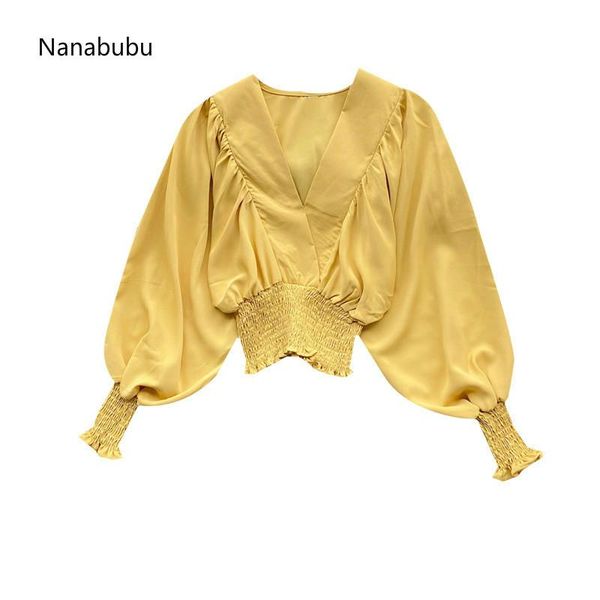 

women's blouses & shirts cotton short women lantern long sleeve v neck pleated female elegant casual solid for 2021 autumn, White