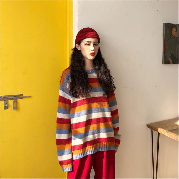 

vintage rainbow contrast striped knit sweater korean long sleeve loose pullover oversized woman man streetwear jumper harajuku, White;black