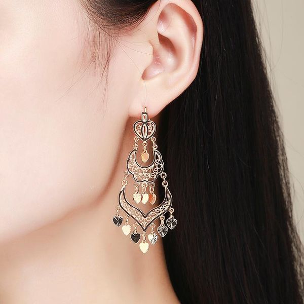

brass w gold color chandelier filigree heart bohemian big drop tassel long earrings for women jewelry aros pendientes colgantes, Silver