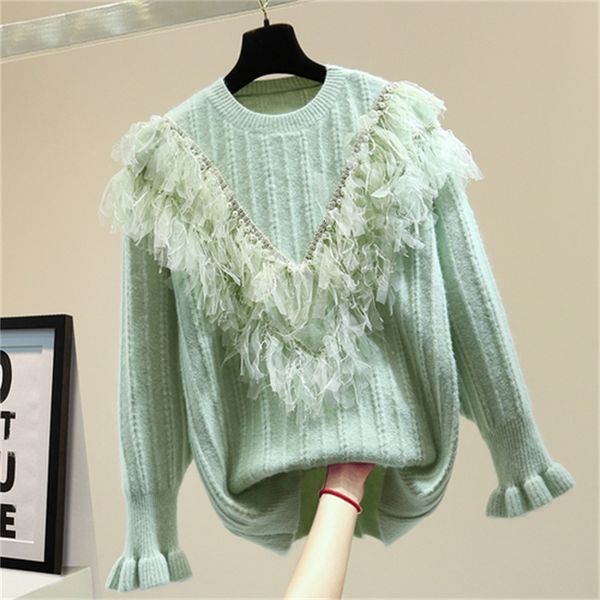 

strass tassel ruffles 2021 autumn and korean-style winter mesh loose bill of amendment women's jumper sweater vrl4, White;black