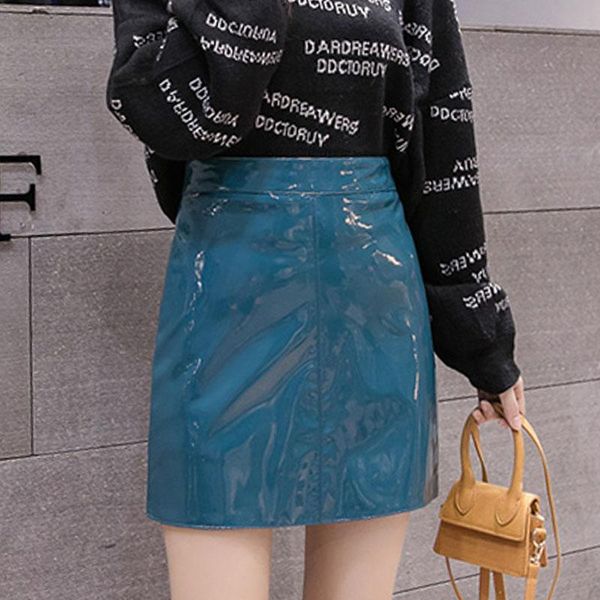 

skirts for women 2021 autumn pink pu leather short a-line solid empire black vintage white female ladies 0826