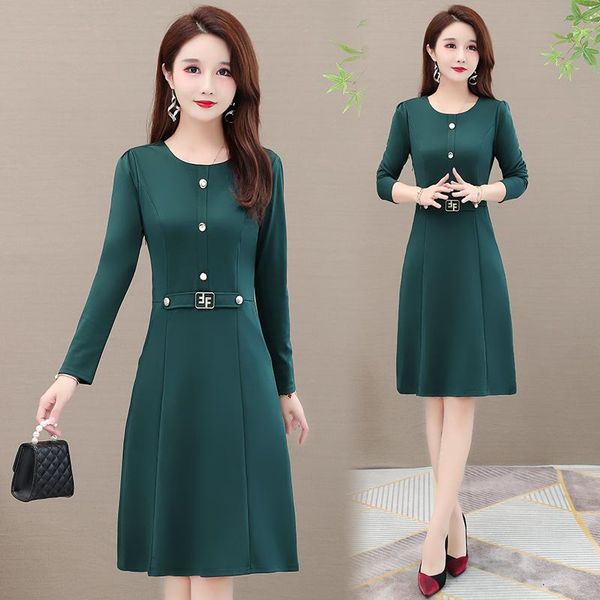 

casual dresses women dress autumn 2021 office lady korea style fashion long sleeve solid o-neck zipper green navy wine red black, Black;gray