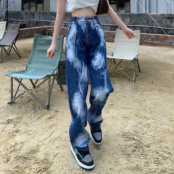 

women's jeans 2021 fashion street hip-hop printing wash loose casual denim wide leg pants blue tie-dye y2k trousers