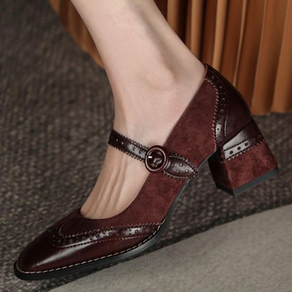 

dress shoes ins women pumps natural leather 22-25cm length brogues cowhide + sheep suede mary jane thick heel, Black