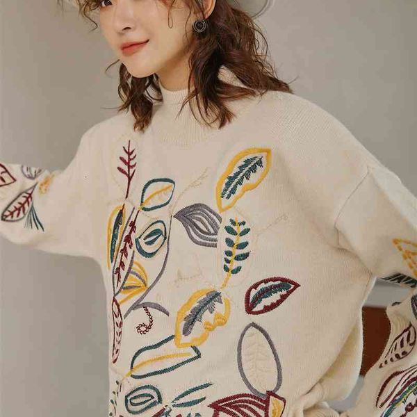 

women's knits & tees winter pullover sweater women embroidered floral turtleneck knitted jumper beige fashion knitwear na0w, White